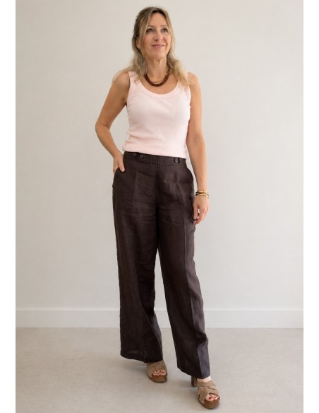 PANTALON LINO BOTONES MARRON