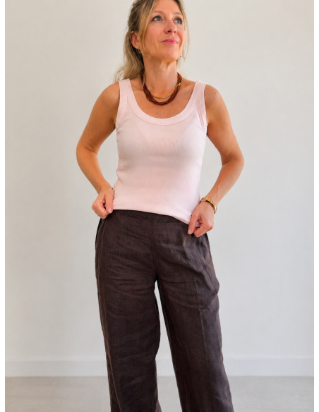 PANTALON LINO BOTONES MARRON