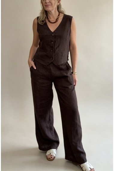 PANTALON LINO BOTONES MARRON