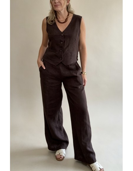 PANTALON LINO BOTONES MARRON