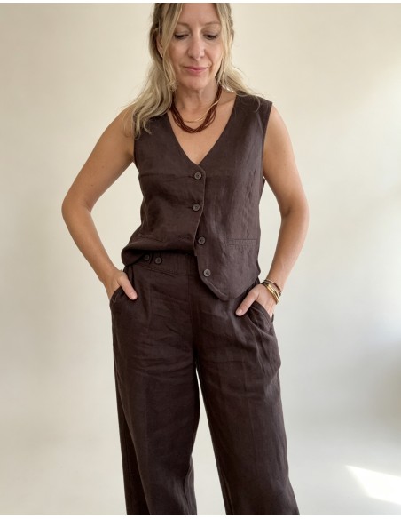 PANTALON LINO BOTONES MARRON