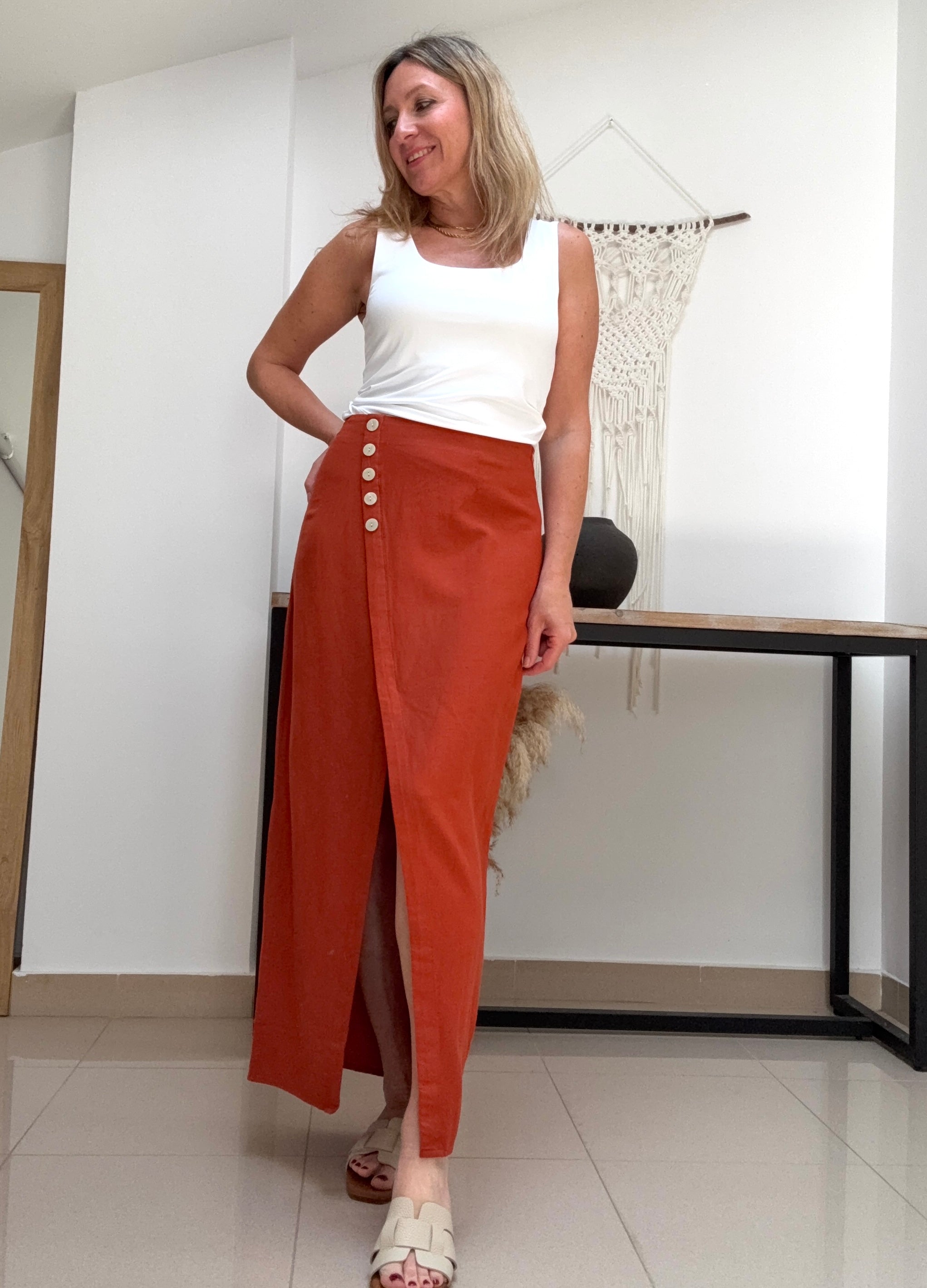 Falda Botones Cotton teja