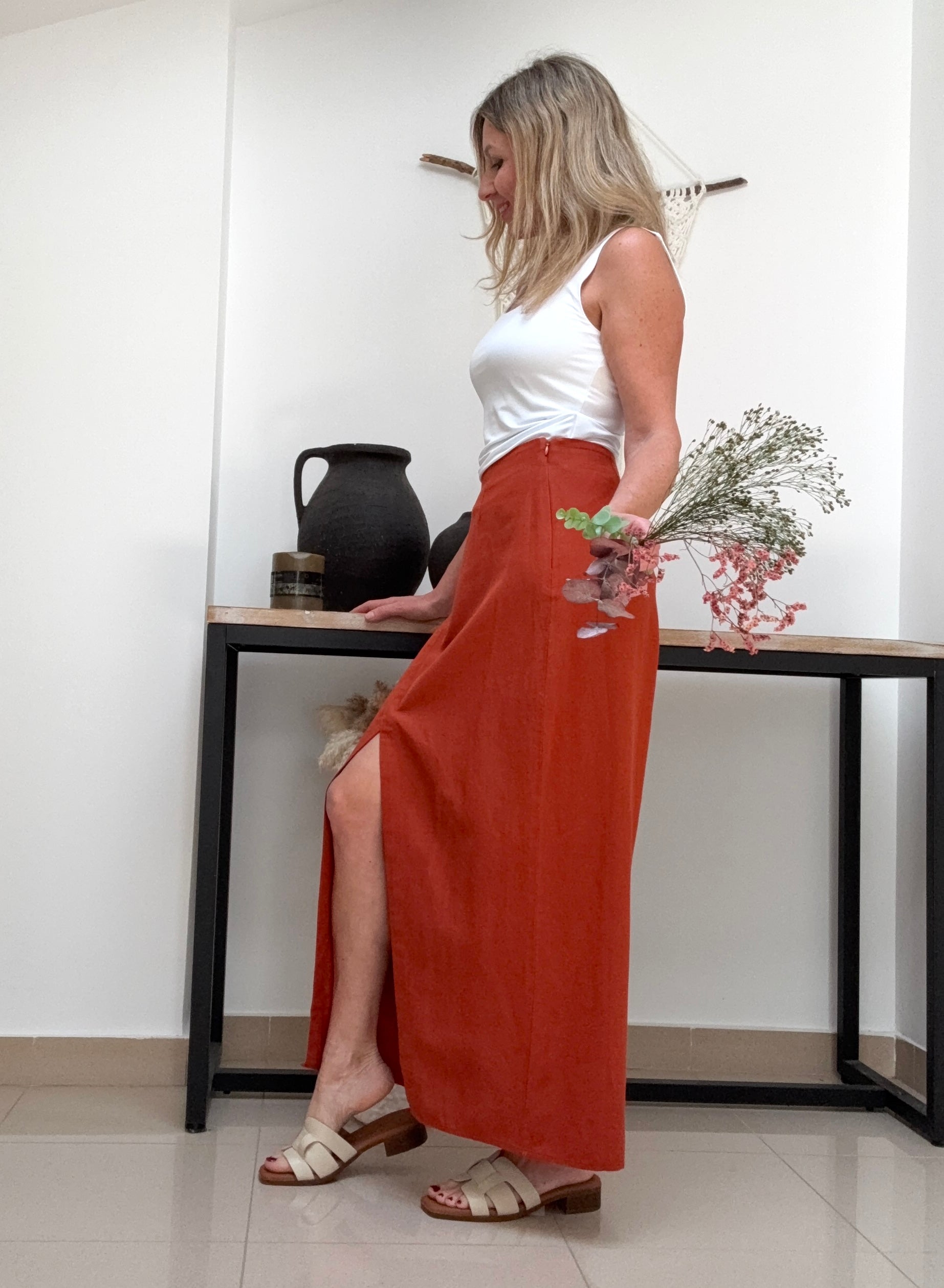 Falda Botones Cotton teja