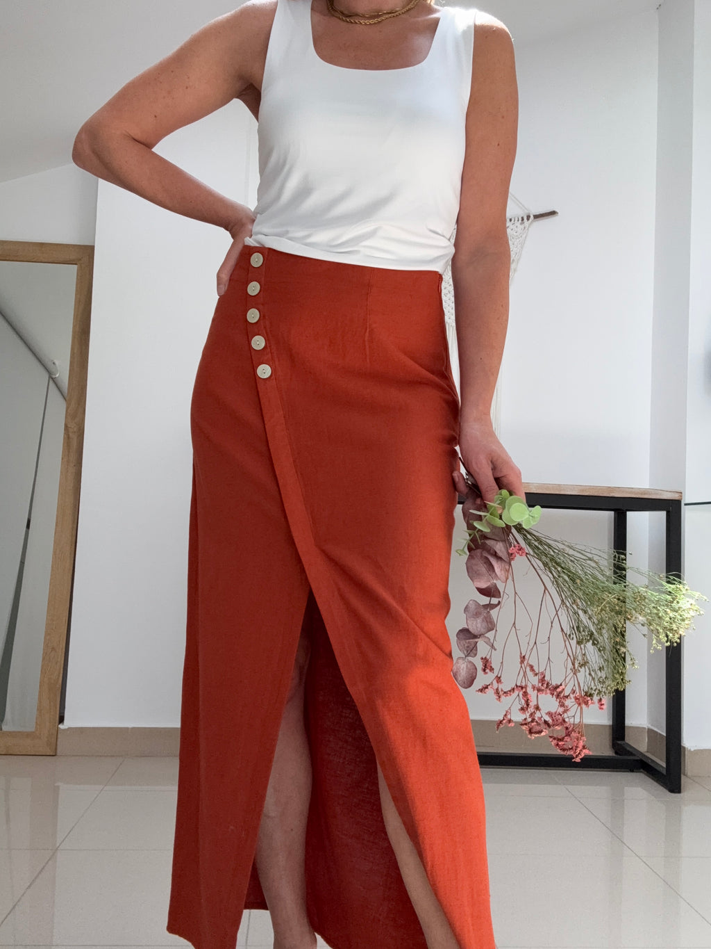 Falda Botones Cotton teja