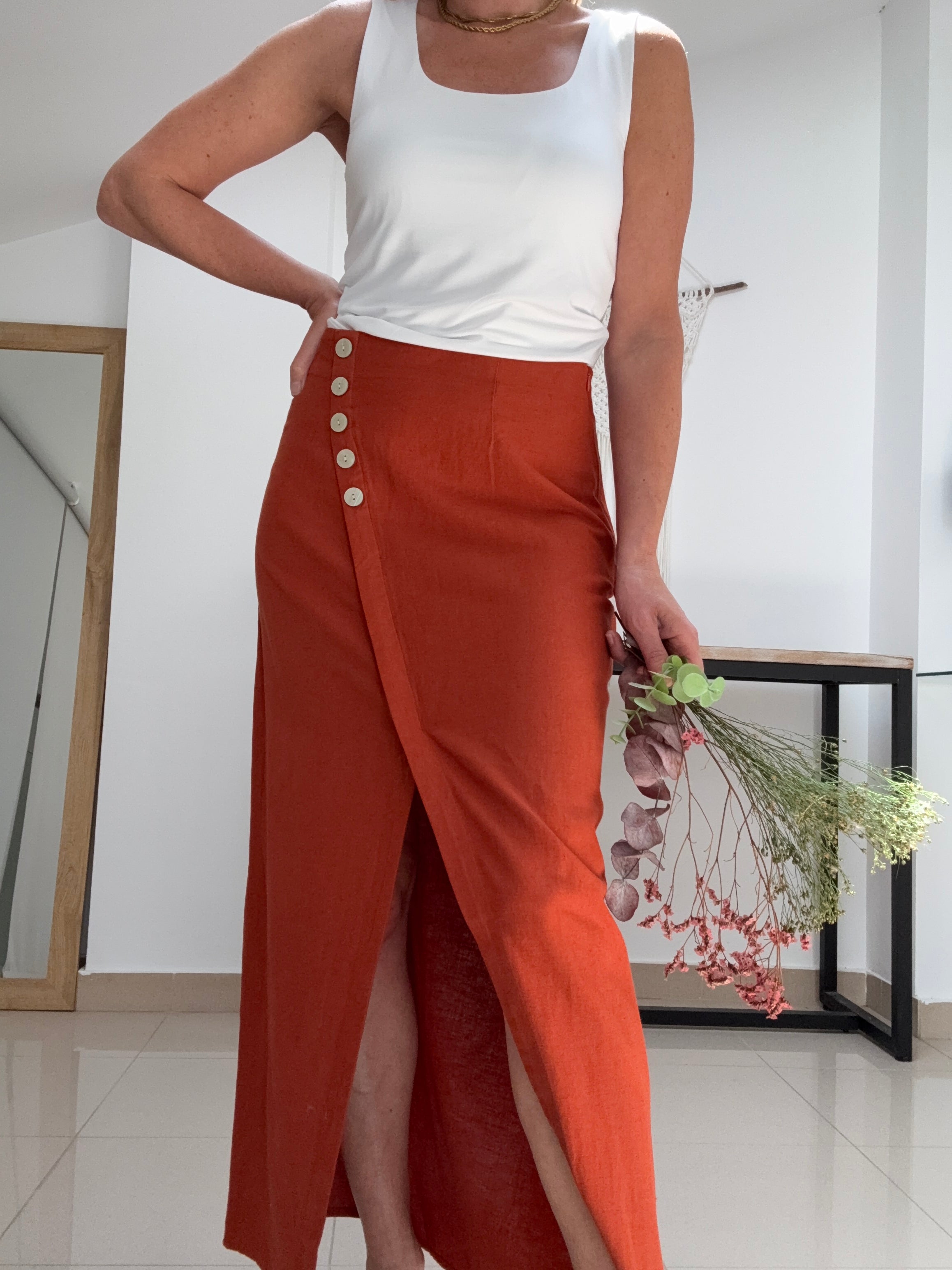 Falda Botones Cotton teja