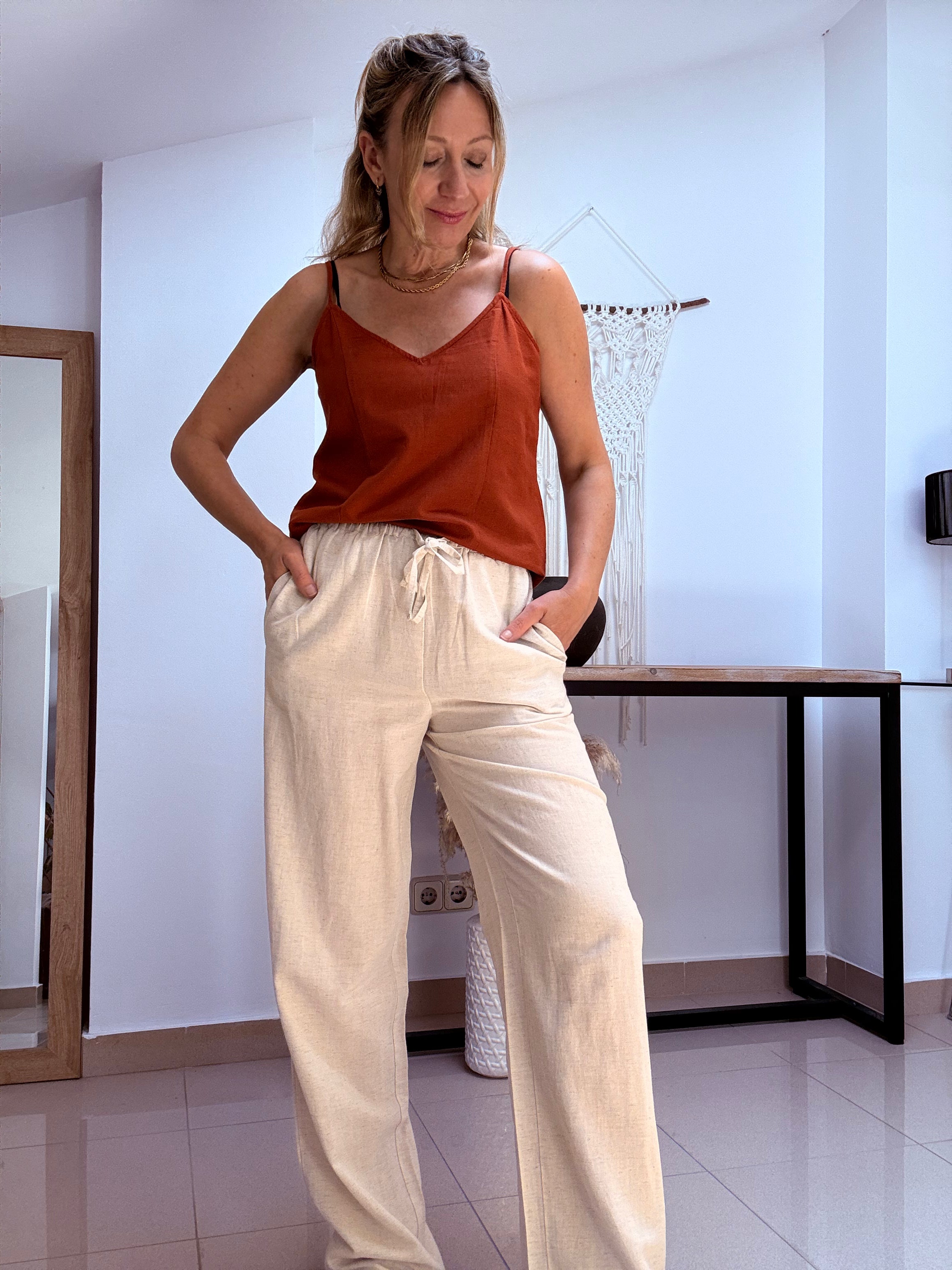 Pantalon con goma cotton color Natural