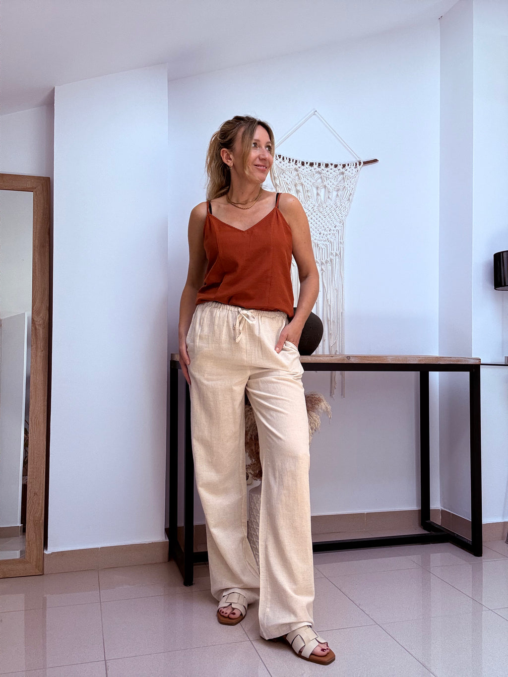 Pantalon con goma cotton color Natural