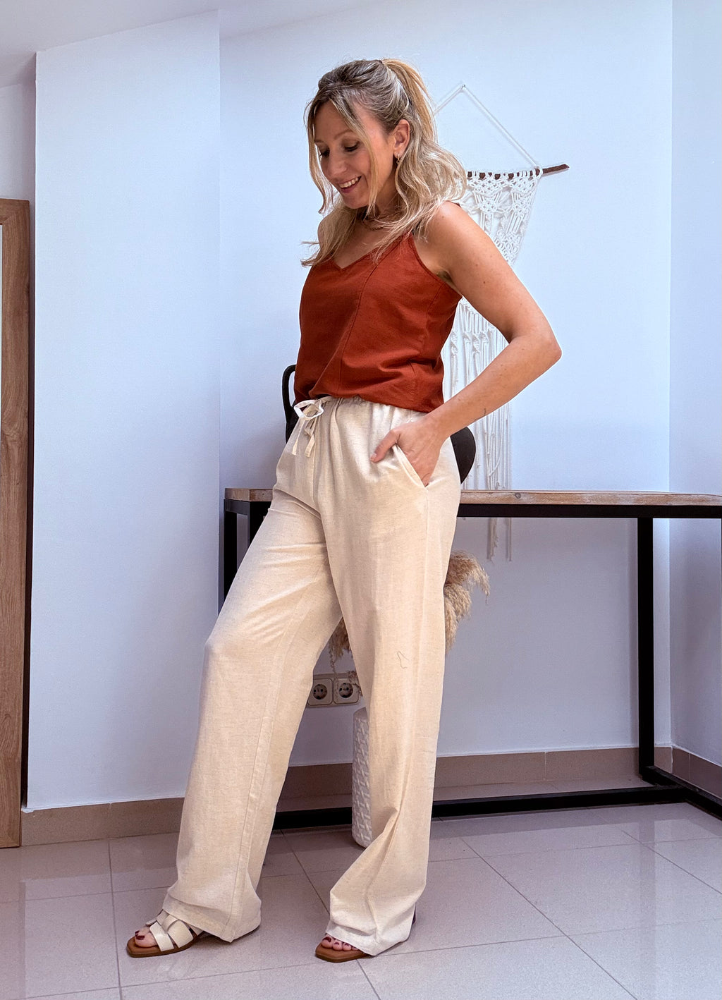 Pantalon con goma cotton color Natural