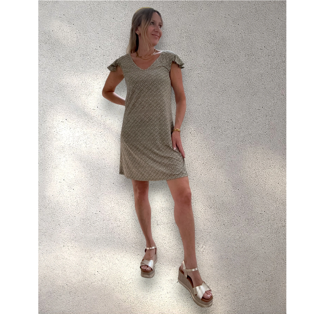 Vestido punto frío manga volante caqui