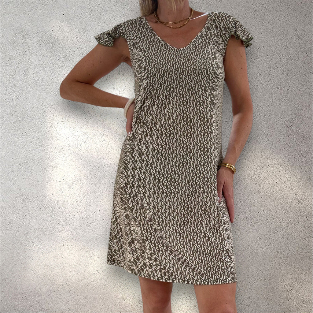 Vestido punto frío manga volante caqui