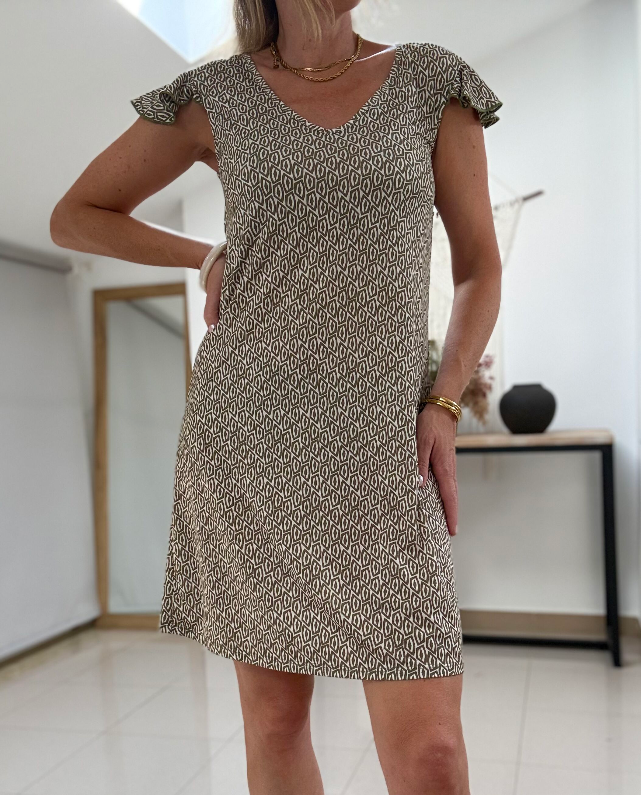 Vestido punto frío manga volante caqui