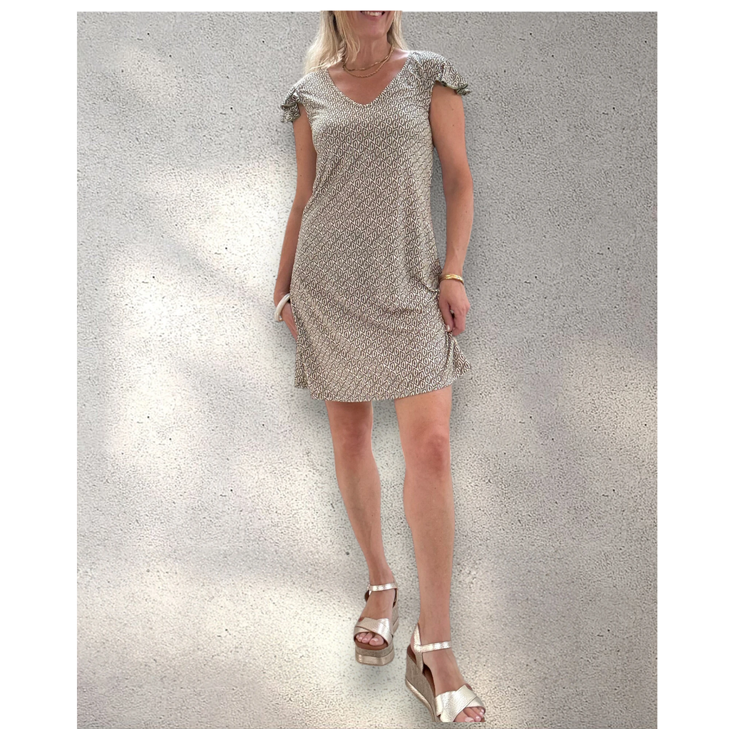 Vestido punto frío manga volante caqui