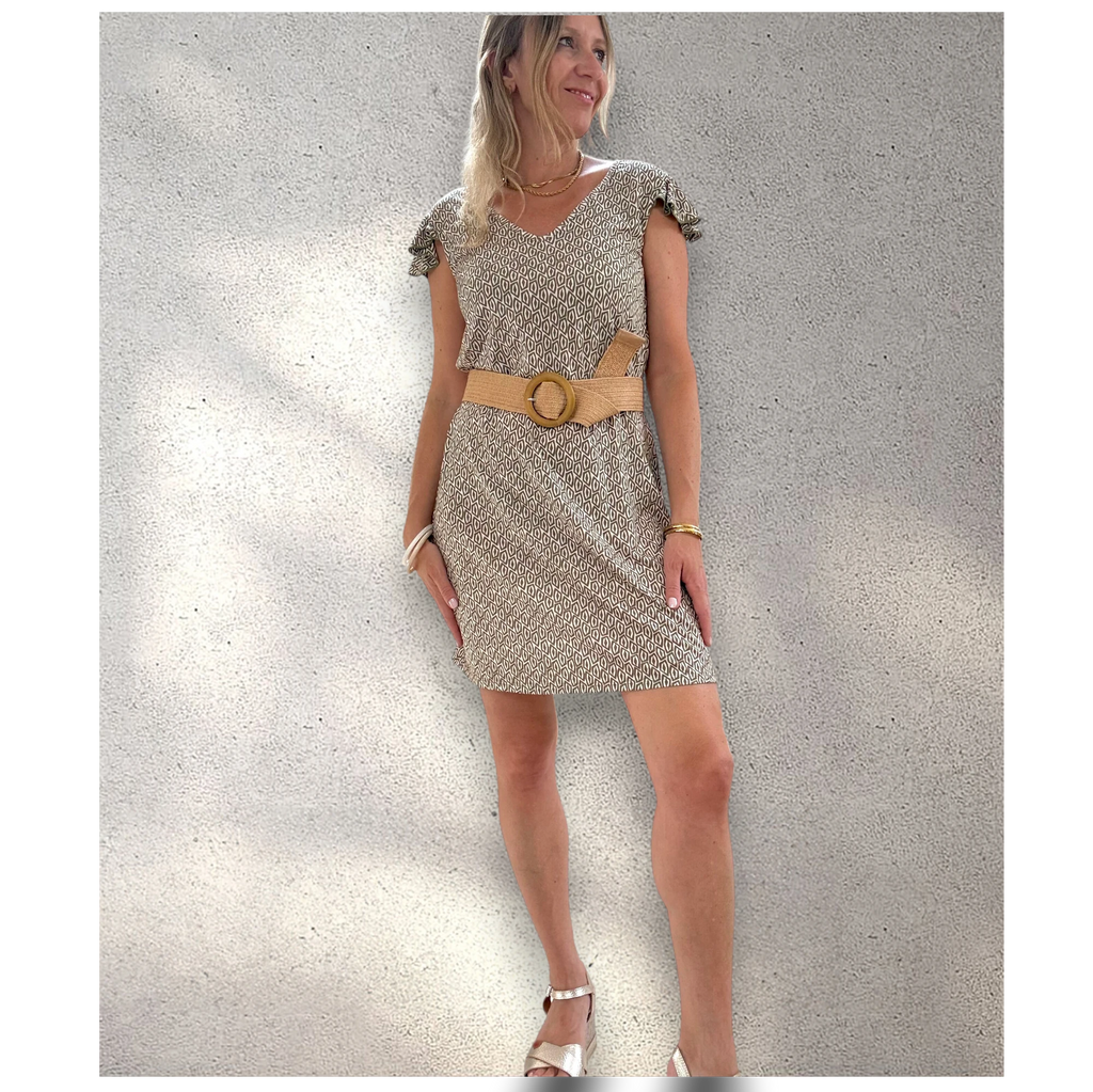 Vestido punto frío manga volante caqui