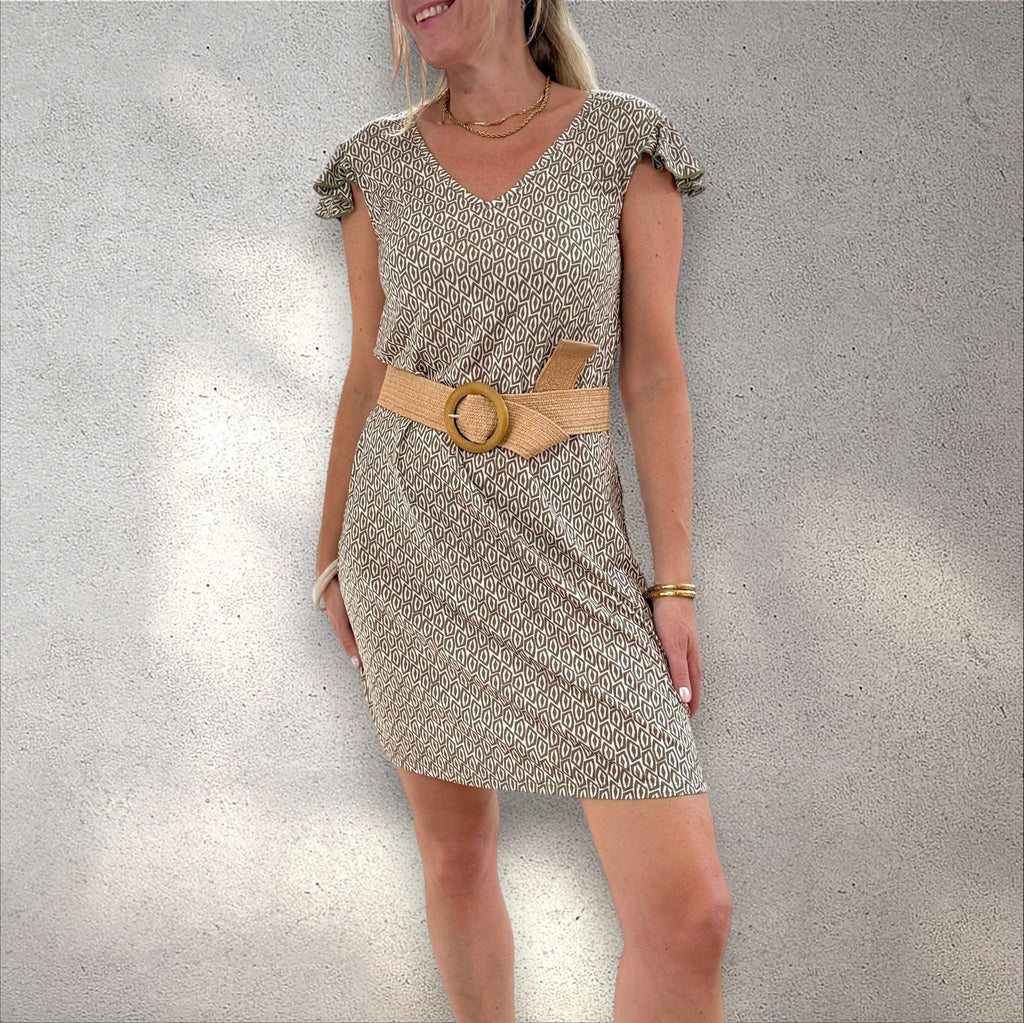 Vestido punto frío manga volante caqui