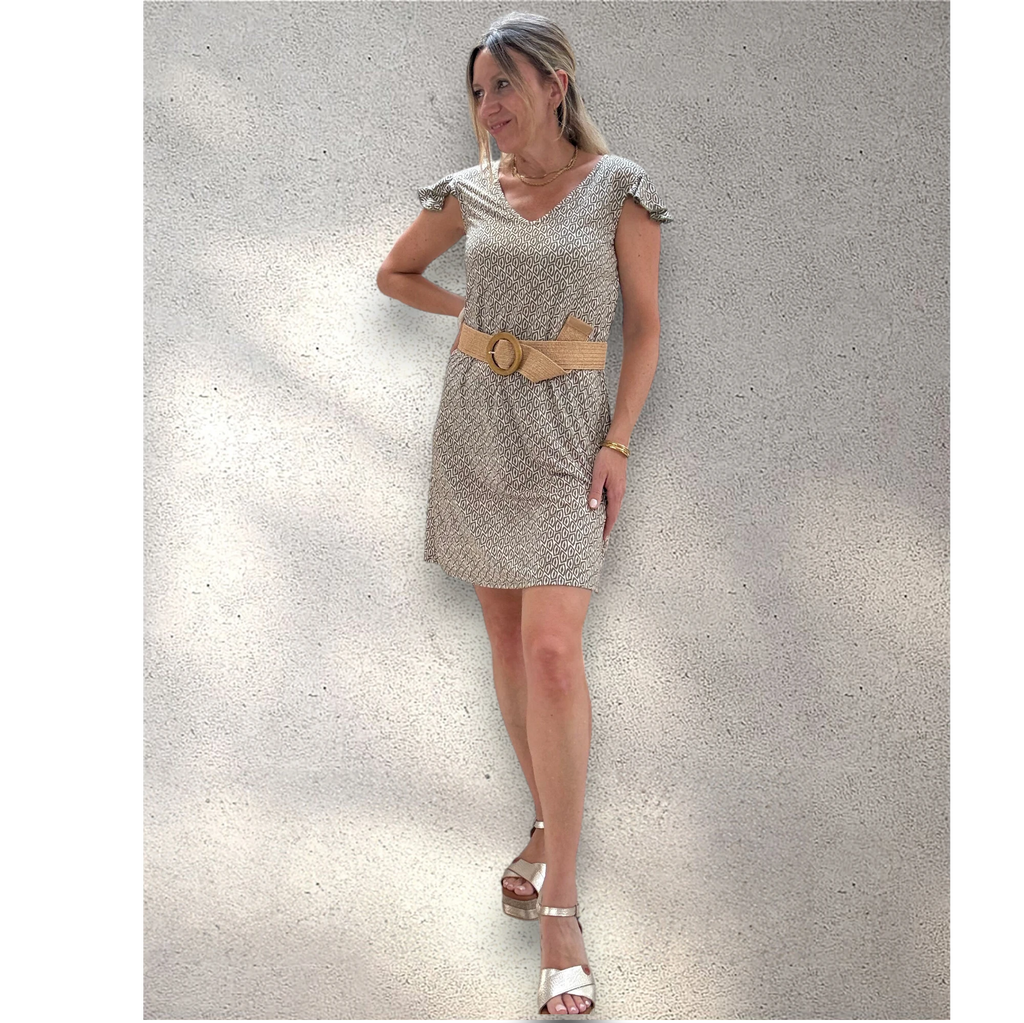 Vestido punto frío manga volante caqui